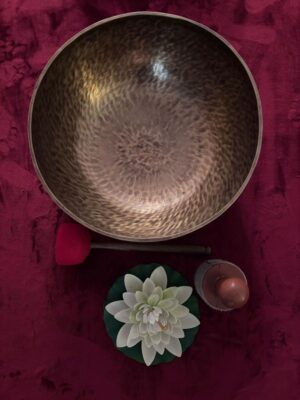 Bagno vibrazionale con campane tibetane disposte in cerchio su tappeto rosso, utilizzate per meditazione sonora e massaggio vibrazionale.