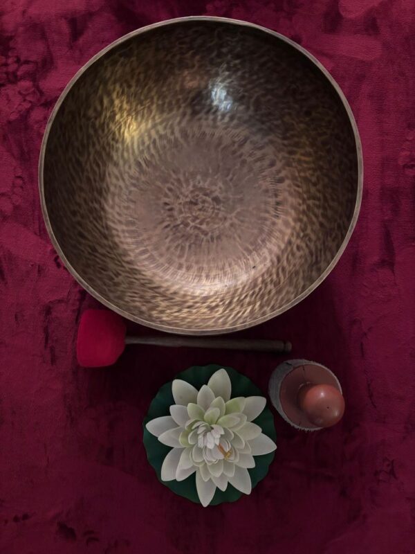 Bagno vibrazionale con campane tibetane disposte in cerchio su tappeto rosso, utilizzate per meditazione sonora e massaggio vibrazionale.